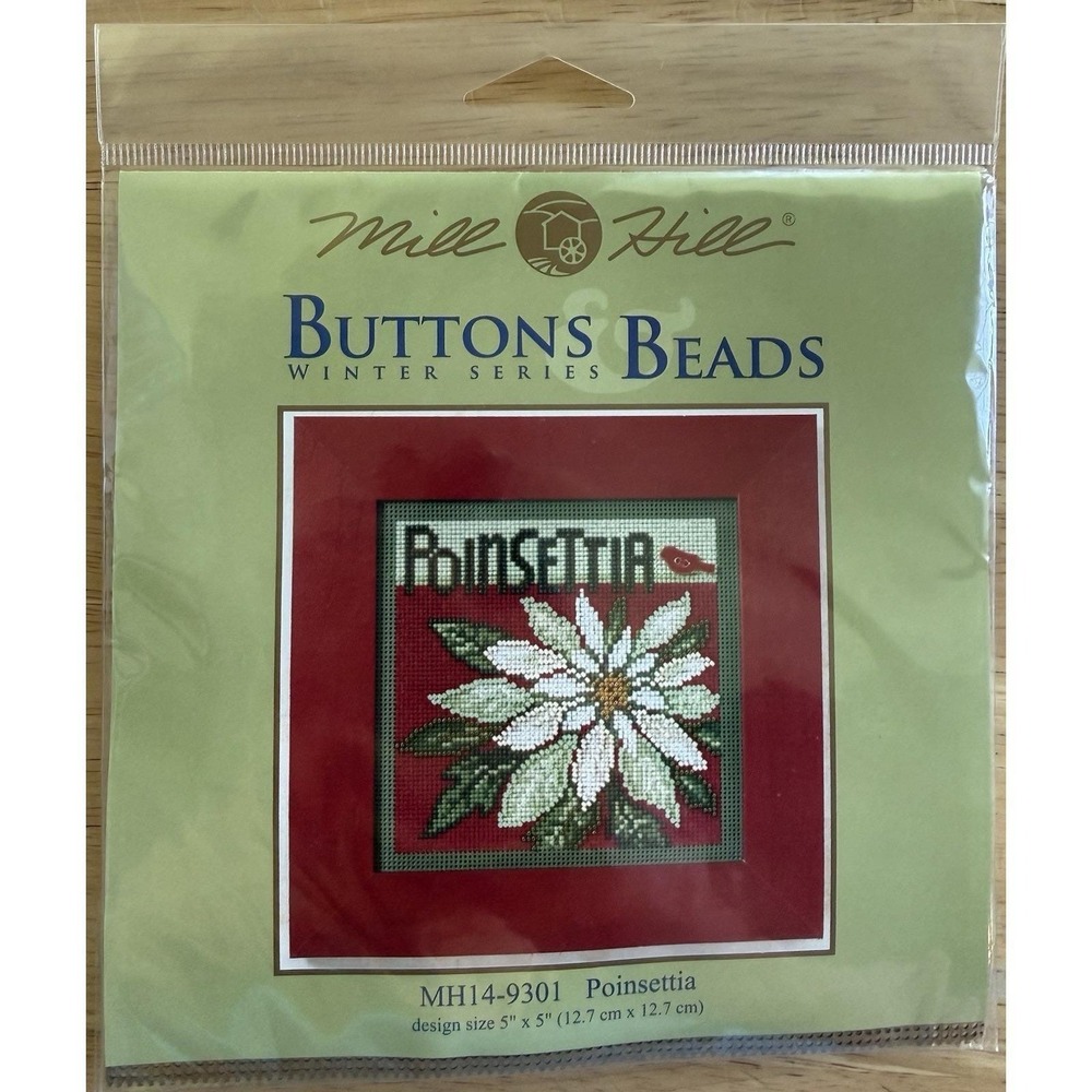 Mill Hill Buttons & Beads Cross Stitch Kit POINTSETTA w Ceramic Cardinal Button